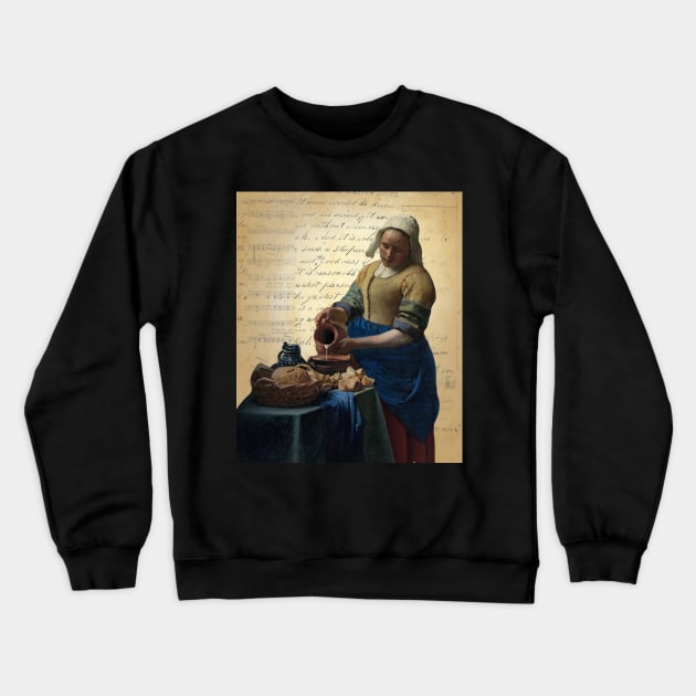 Vermeer’s The Milkmaid on Antique Paper Collage Famous Painting Series Crewneck Sweatshirt by missdebi27